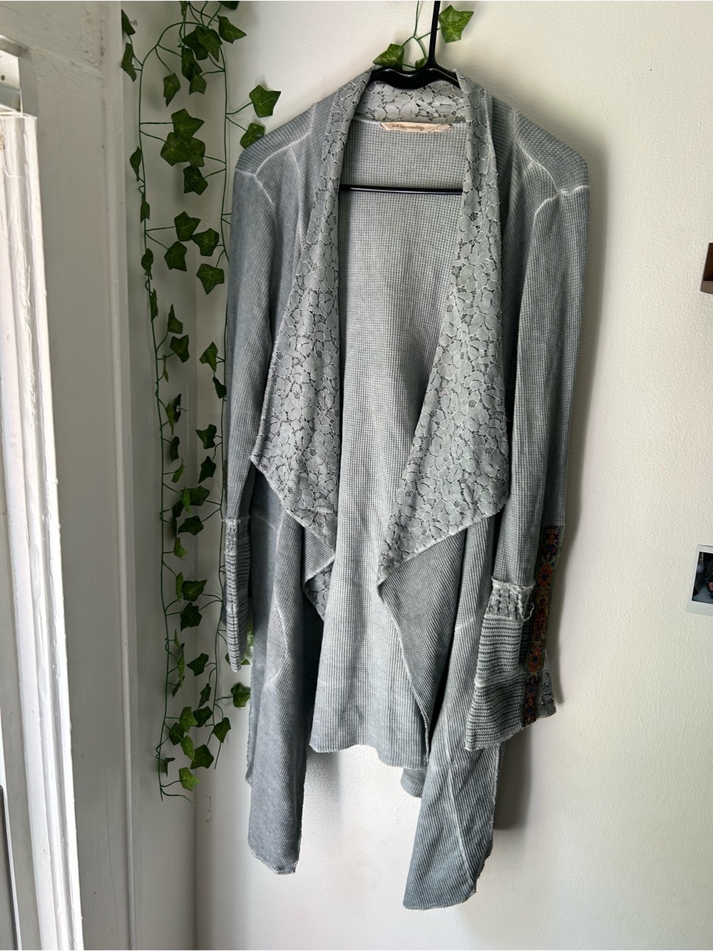 Soft Surroundings Light Gray Lace-Trim Draped Cardigan